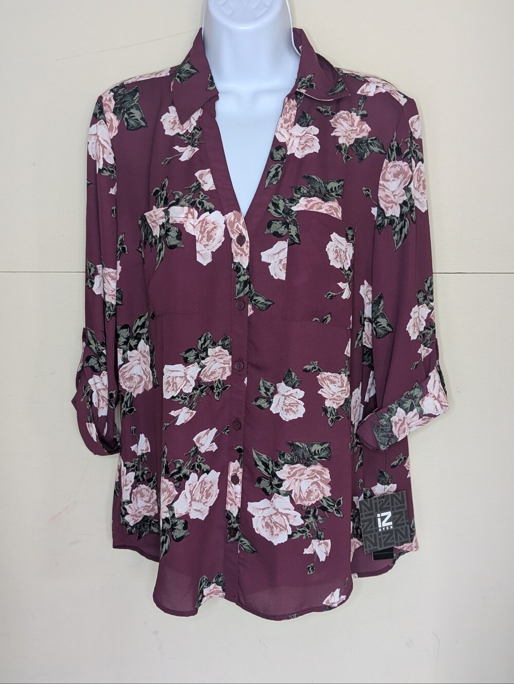 NWT Iz Byer Button Up Blouse Floral Print Maroon